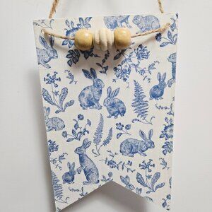 Handcrafted Decoupage Floral Easter Bunny Wooden Hang Tag Tiered Tray Home Decor